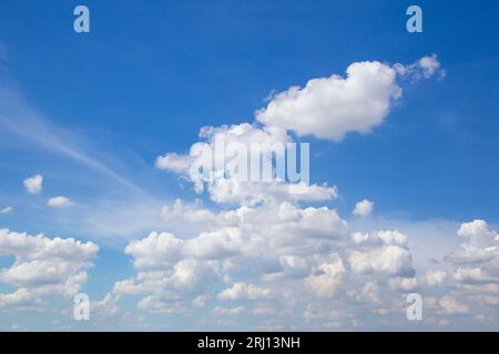 Beautiful blue sky and white fluffy cloud horizon outdoor for background. Stock Photo