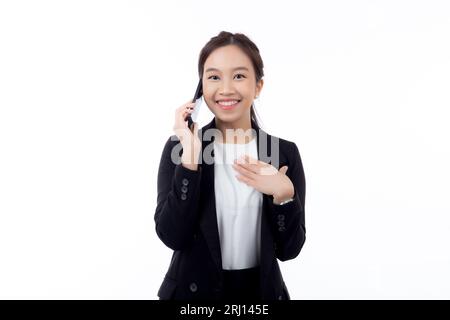 Young asian business woman in suit talking on smart phone isolated on white background, businesswoman speaking on smartphone with conversation, female Stock Photo