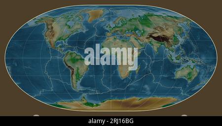 Tectonic plate boundaries on a physical map of the world in the Loximuthal projection centered on the meridian 0 longitude Stock Photo