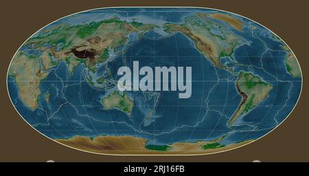 Tectonic plate boundaries on a physical map of the world in the Loximuthal projection centered on the meridian 180 longitude Stock Photo