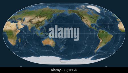 Tectonic plate boundaries on a satellite map of the world in the Loximuthal projection centered on the meridian 180 longitude Stock Photo