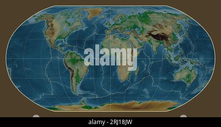 Tectonic plate boundaries on a physical map of the world in the Robinson projection centered on the meridian 0 longitude Stock Photo
