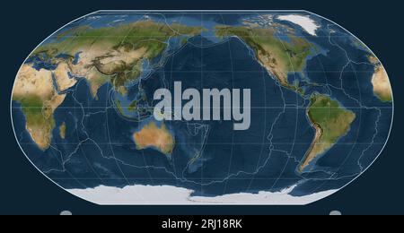 Tectonic plate boundaries on a satellite map of the world in the Robinson projection centered on the meridian 180 longitude Stock Photo