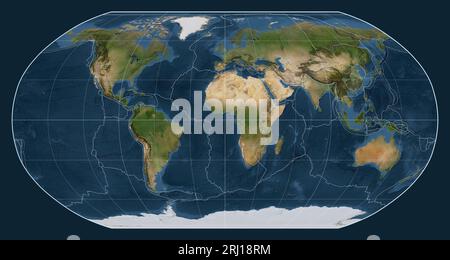 Tectonic plate boundaries on a satellite map of the world in the Robinson projection centered on the meridian 0 longitude Stock Photo