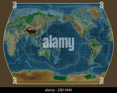 Tectonic plate boundaries on a physical map of the world in the Times projection centered on the meridian 180 longitude Stock Photo