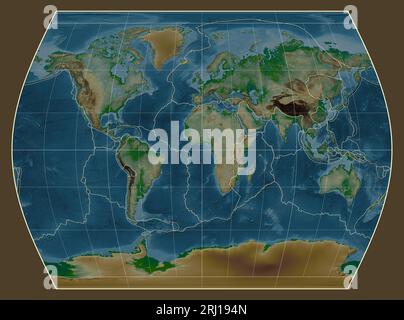 Tectonic plate boundaries on a physical map of the world in the Times projection centered on the meridian 0 longitude Stock Photo