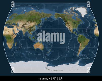Tectonic plate boundaries on a satellite map of the world in the Times projection centered on the meridian 180 longitude Stock Photo
