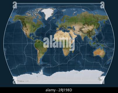 Tectonic plate boundaries on a satellite map of the world in the Times projection centered on the meridian 0 longitude Stock Photo