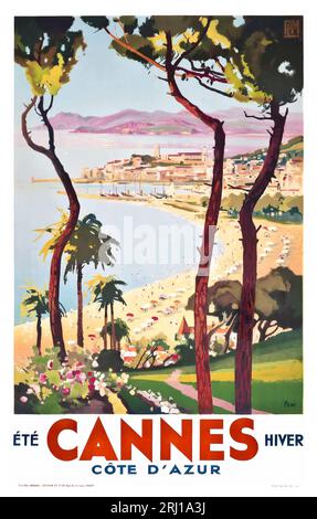 1930s Roger Broders classic vintage travel poster of Cannes on the Cote d'Azur, France, showing the beach and town Stock Photo