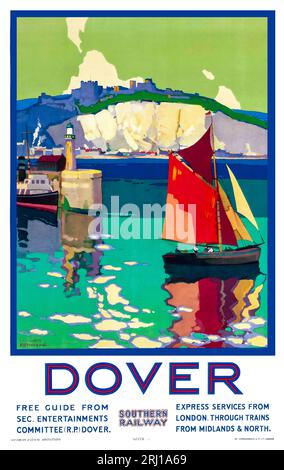 1925 Dover by Southern Railways poster by Leonard Richmond with harbour, lighthouse, castle and boats Stock Photo