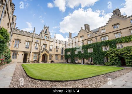 Sidney Sussex College Chapel seen over a pristine green lawn in the heart of Cambridge pictured in August 2023. Stock Photo