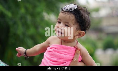 Portrait of a happy laughing child girl. Close-up portrait of her she nice-looking attractive lovely healthy glad cheerful cheery foxy ginger girl Stock Photo