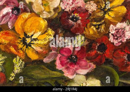 Macro shot of floral still life oil painting depicting an assortment of various flowers in colorful hues. Stock Photo