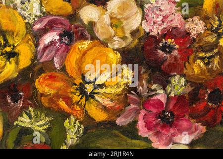 Macro shot of floral still life oil painting depicting an assortment of various flowers in colorful hues. Stock Photo