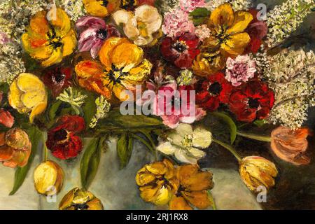 Close up of floral still life oil painting depicting a bouquet of a white lilacs and assortment of various flowers in colorful hues. Stock Photo