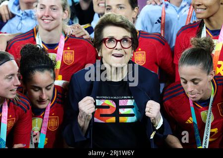 Sydney, Australia. 20th Aug, 2023. Tennis legend Billie Jean King celebrates with the Spanish team during the FIFA Women's World Cup 2023 Final match between Spain Women and England Women at Stadium Australia, Sydney, Australia on 20 August 2023. Photo by Peter Dovgan. Editorial use only, license required for commercial use. No use in betting, games or a single club/league/player publications. Credit: UK Sports Pics Ltd/Alamy Live News Stock Photo