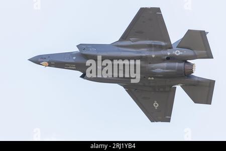 A F-35A Stealth fighter assigned to the 495th Fighter Squadron takes off from RAF Lakenheath in Suffolk on a training sortie in August 2023. Stock Photo