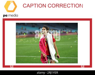 ATTENTION PICTURE EDITORS, CHIEF SUBS AND PICTURE LIBRARIANS: CAPTION CORRECTION CHANGING NAME OF PERSON IN IMAGE FROM Irene Guerrero TO Alba Redondo. CORRECT CAPTION SHOULD READ: Spain's Alba Redondo celebrates after the FIFA Women's World Cup final match at Stadium Australia, Sydney. Picture date: Sunday August 20, 2023. Stock Photo