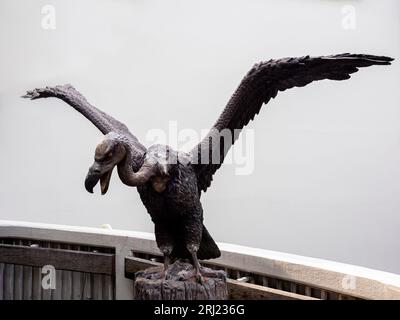 A close-up view of a vulture statue with wings outstretched against a white wall within Bangkok's Wat Saket, also known as the Golden Mount temple in Stock Photo
