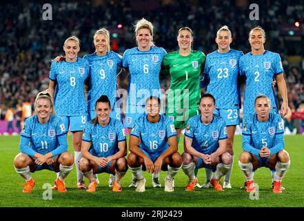 England's Georgia Stanway, Rachel Daly, Millie Bright, Mary Earps, Alessia Russo, Lucy Bronze, Lauren Hemp, Ella Toone, Jess Carter, Keira Walsh and Alex Greenwood pose for a team photo on the pitch ahead of the FIFA Women's World Cup final match at Stadium Australia, Sydney. Picture date: Sunday August 20, 2023. Stock Photo
