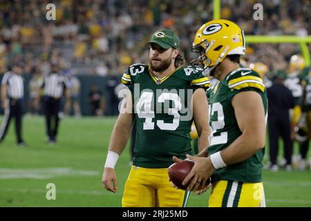 GREEN BAY, WI - AUGUST 14: Green Bay Packers long snapper Hunter Bradley  (43) leads the team downfield during a game between the Green Bay Packers  and the Houston Texans at Lambeau