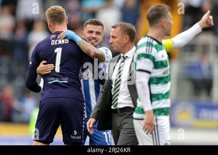 Kilmarnock goalkeeper Will Dennis (left) celebrates with team-mate as Celtic manager Brendan Rodgers looks on after the final whistle in the Viaplay Cup second round match at The BBSP Stadium Rugby Park, Kilmarnock. Picture date: Sunday August 20, 2023. Stock Photo