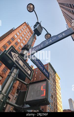 Pedestrian crossing lights at corner of East 34th Street & Madison