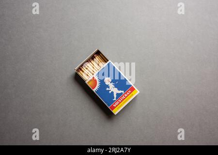 Gothenburg, Sweden - november 09 2022: Box of Solstickan matches on grey background Stock Photo