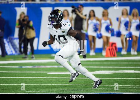 Jacksonville Jaguars cornerback Erick Hallett (40) pursues a play on  defense against the Detroit Lions during an NFL pre-season football game,  Saturday, Aug. 19, 2023, in Detroit. (AP Photo/Rick Osentoski Stock Photo 