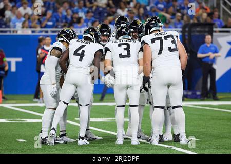 Detroit Lions offense huddles against Indianapolis Colts during an NFL  preseason football game, …