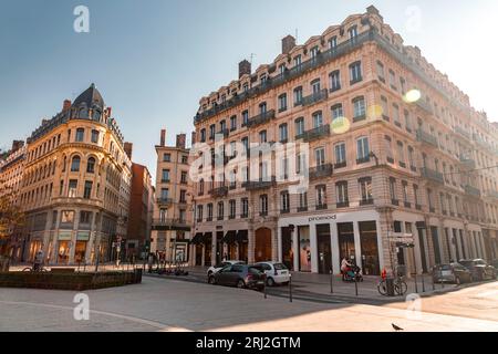 Lyon, France - January 25, 2022: Street view and buildings in Lyon, Rhone-Alps, France. Stock Photo