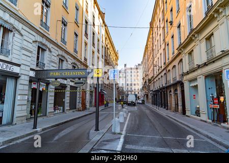 Lyon, France - January 25, 2022: Street view and buildings in Lyon, Rhone-Alps, France. Stock Photo