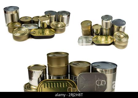 Mix of cans isolated on white background. Copy space. Stock Photo