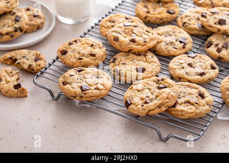 Chocolate chip cookies on a cooling rack with flaky salt served with cold milk Stock Photo