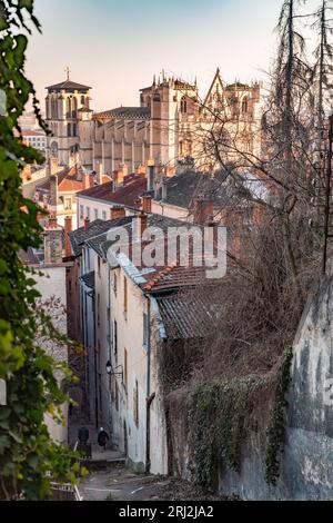 Lyon, France - January 25, 2022: Street view and buildings in the old town of Lyon (Vieux Lyon), France. Stock Photo