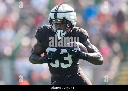 Cleveland Browns tight end Zaire Mitchell-Paden (81) runs on the field  during an NFL preseason football game against the Chicago Bears, Saturday,  Aug. 27, 2022, in Cleveland. The Bears won 21-20. (AP