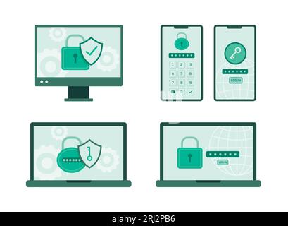 Set of Computers and Mobile Phones with Safety Lock Screen for Cyber Security Concept Illustration Stock Vector