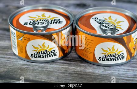 Giza, Egypt, August 12 2023: Sunshine Tuna Single Piece easy open, Tuna is rich in proteins and vitamins that boost the immune system, Sunshine solid Stock Photo