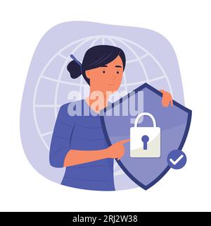Woman Holding the Digital Security Shield with Padlock Symbol for Cyber Security Concept Illustration Stock Vector