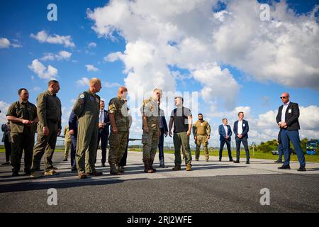 During a working visit to the Kingdom of Denmark, the President of Ukraine, Volodymyr Zelensky ,visited the Fighter Wing Skrydstrup air base of the Royal Danish Air Force.   Accompanied by Prime Minister of Denmark Mette Frederiksen and the Royal Air Force Command, the Head of State familiarized himself with the technical features of F-16 Fighting Falcon jets and the training program for Ukrainian pilots on these aircraft.  He spoke with Ukrainian pilots who are undergoing training on F-16s to protect Ukrainian skies. Stock Photo