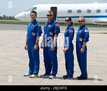 Members of the next NASA-SpaceX crew to fly to the International Space Station, cosmonaut Konstantin Borisov, ESA Astronaut Andreas Morgensen, NASA astronaut Jasmin Moghbeli and JAXA astronaut Satoshi Furukawa (l to r) pose following their arrival at the Kennedy Space Center, Florida on Sunday, August 20, 2023. Photo by Joe Marino/UPI Credit: UPI/Alamy Live News Stock Photo