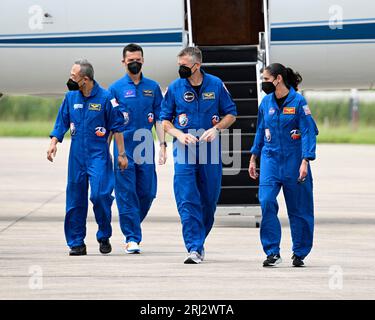 Members of the next NASA-SpaceX crew to fly to the International Space Station, JAXA astronaut Satoshi Furukawa, Roscosmos cosmonaut, Konstantin Borisov, ESA astronaut Andreas Morgensen and NASA astronaut Jasmin Moghbeli (i to r), arrive at the Kennedy Space Center, Florida on Sunday, August 20, 2023. Photo by Joe Marino/UPI Credit: UPI/Alamy Live News Stock Photo