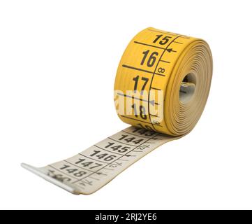 Tailors tape measure cut out on a white background. Yellow