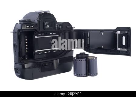 an old analog camera with a roll of film on a transparent background Stock Photo