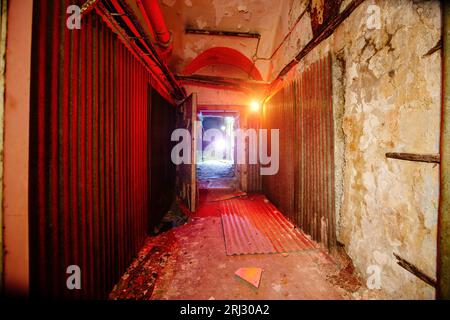 Old corridor of Soviet bunker, echo of Cold War. Stock Photo