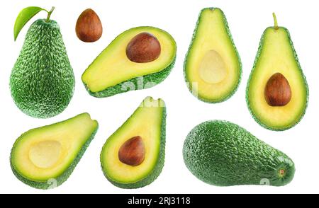 Collection of whole and cut avocado fruits isolated on white background Stock Photo