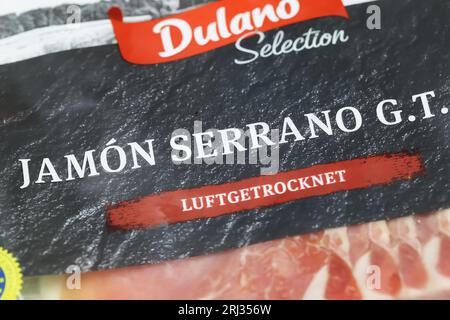 Viersen, Germany - July 9. 2023: Closeup of package Dulano spanish Jamon Serrano ham Stock Photo