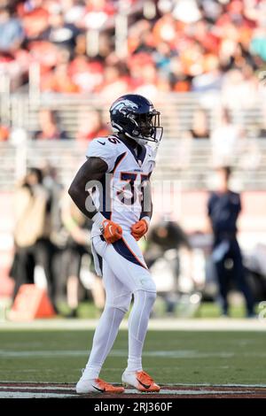 Denver Broncos cornerback Ja'Quan McMillian (35) looks on against the  Minnesota Vikings during an NFL preseason football game, Saturday, Aug. 27,  2022, in Denver. (AP Photo/Jack Dempsey Stock Photo - Alamy