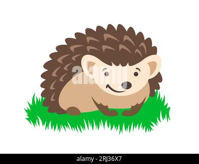 Cute smiling little hedgehog sitting in green grass. Simple flat illustration. Isolated on white Stock Vector