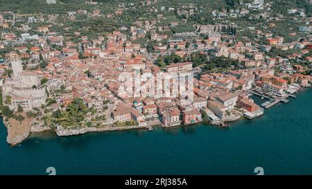 Aerial view of Malcesine Castle and its waterfront situated on the shores of Lake Garda in Verona, Veneto, Italy Stock Photo